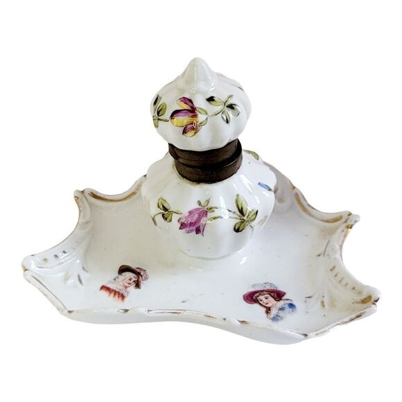 Unbranded Other - Vtg Hand Painted Porcelain Ink Well and Dish 5" Wide 3 1/2" Tall Floral Design